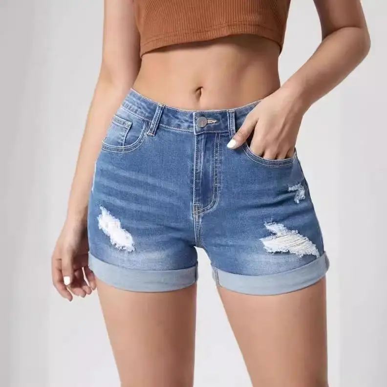 

High Waist Torn Hole Denim Shorts with Curling Blue Jeans High Elasticity mid Stretch Bootcut Torn Hole Shorts for Women
