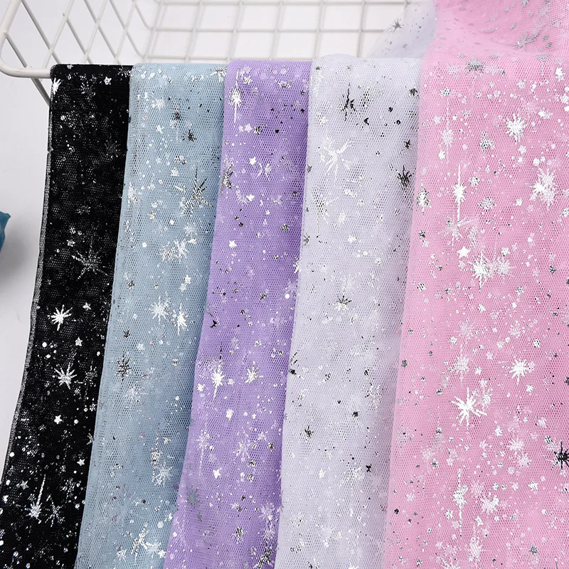 

100x150cm Silver Snowflake Hot Stamping Tulle Fabric Mesh Fabric for Dress Skirt Lace Net Fabric Gauze Apparel Cloth DIY Sewing