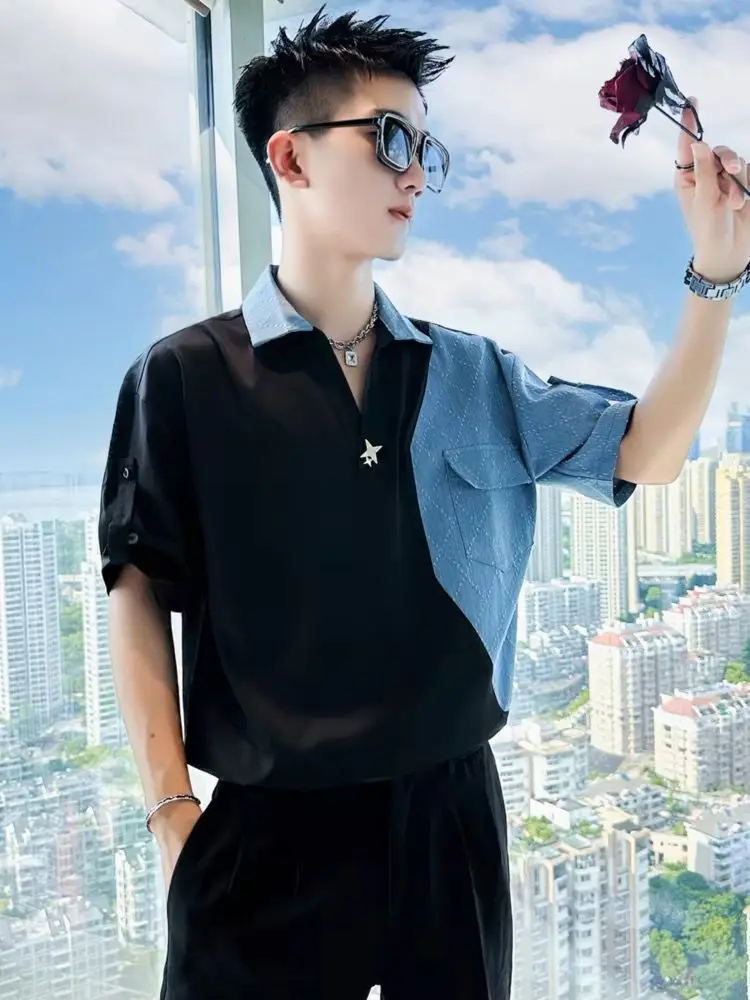 

Summer Trendy Denim Patchwork Short Sleeve Shirt
