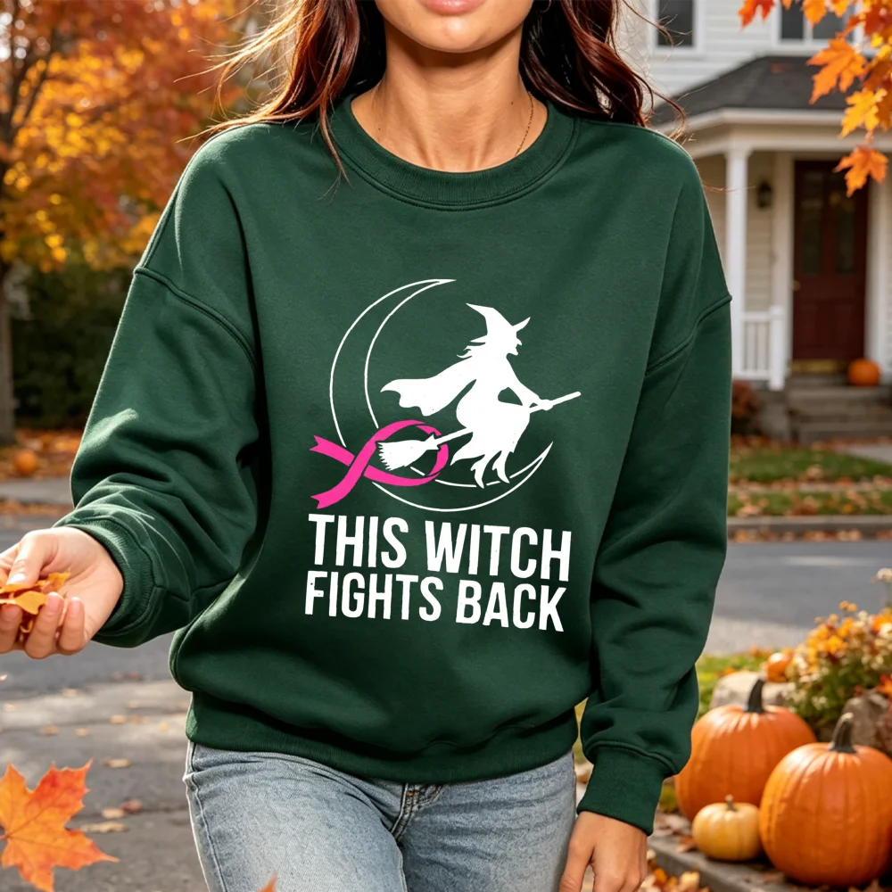 This Witch Fights Back Pink Ribbon Sweatshirt Halloween Witch Moon Pattern Pullover Breast Cancer Supporter Gift Women Hoodie