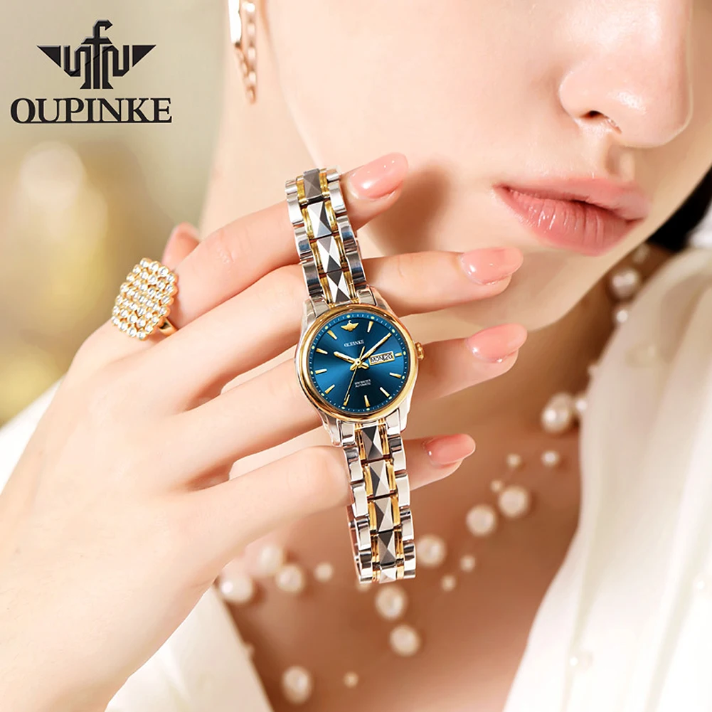 OUPINKE 3170 Dual Calendar Mechanical Watch For Women Top Brand Deep Waterproof Dress Wristwatch Luxury Stainless Steel Watches