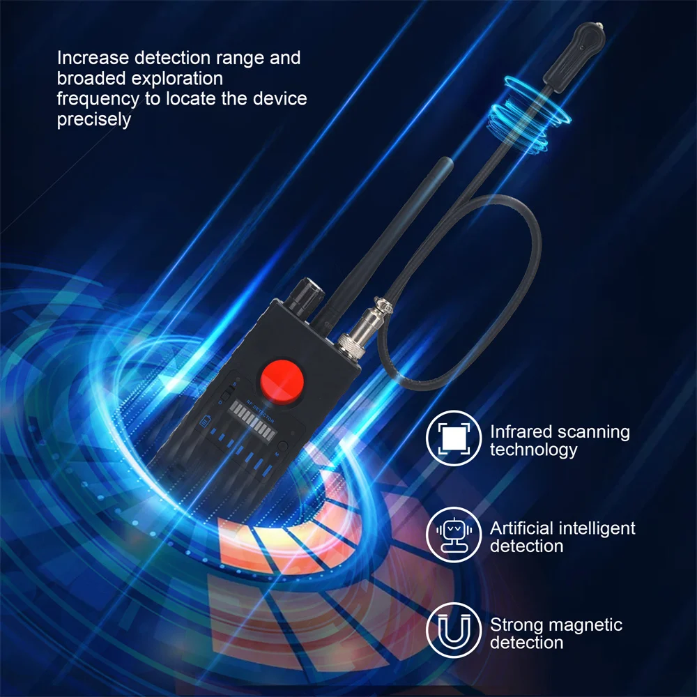 Detector de cámara oculta, auriculares Bluetooth, dispositivos GSM, buscador de insectos inalámbricos, cámaras espías, GPS, RF, detección de señal, dispositivos espía