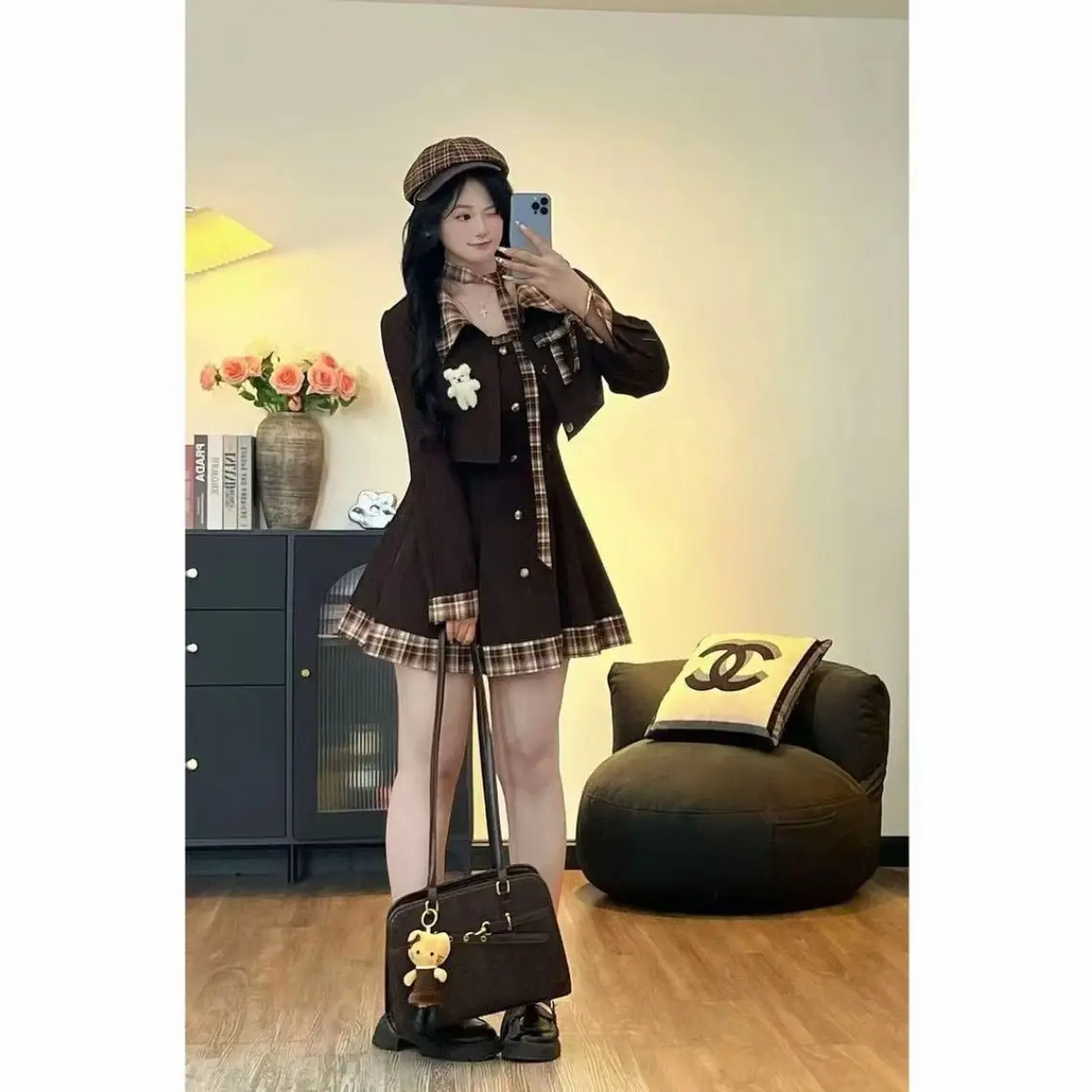 

Fashion and Casual Women's Suit Spring and Autumn French Retro Checkered Suit Jacket Two-piece Dress Set