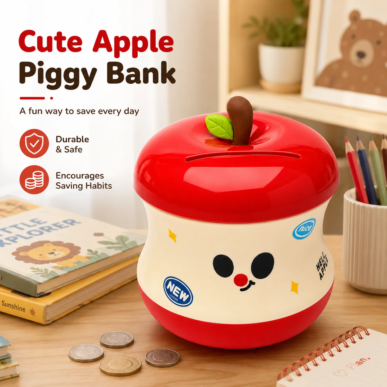 Apple Shape Coin Box, Cute Desk Savings Bank for Students, Money Box for Kids Girls with Access