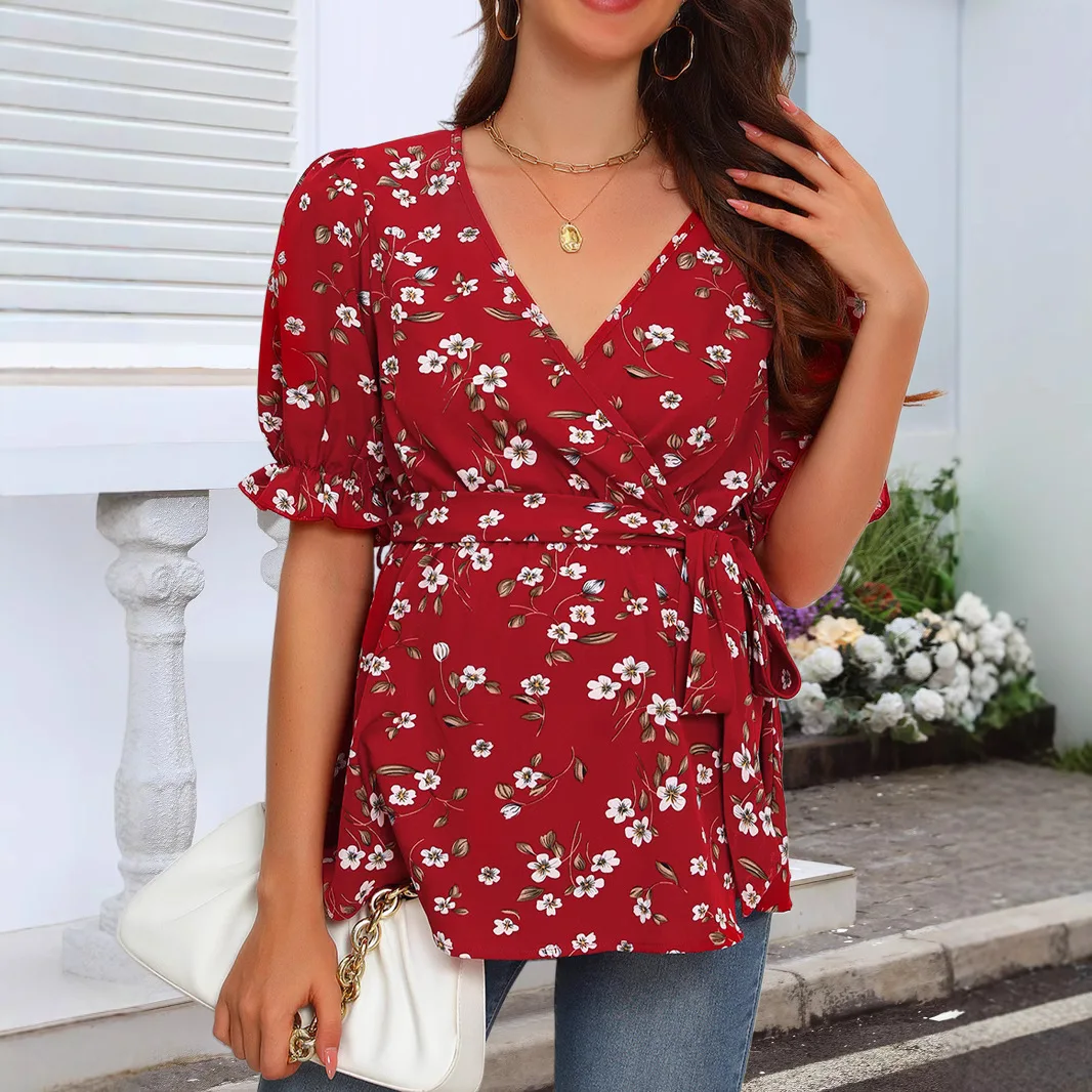 Pregnant Mother V-neck Adjustable Waist Breastfeeding Wearing Top Women Blouse Pregnancy Tops Maternity Tee Shirt for Daily