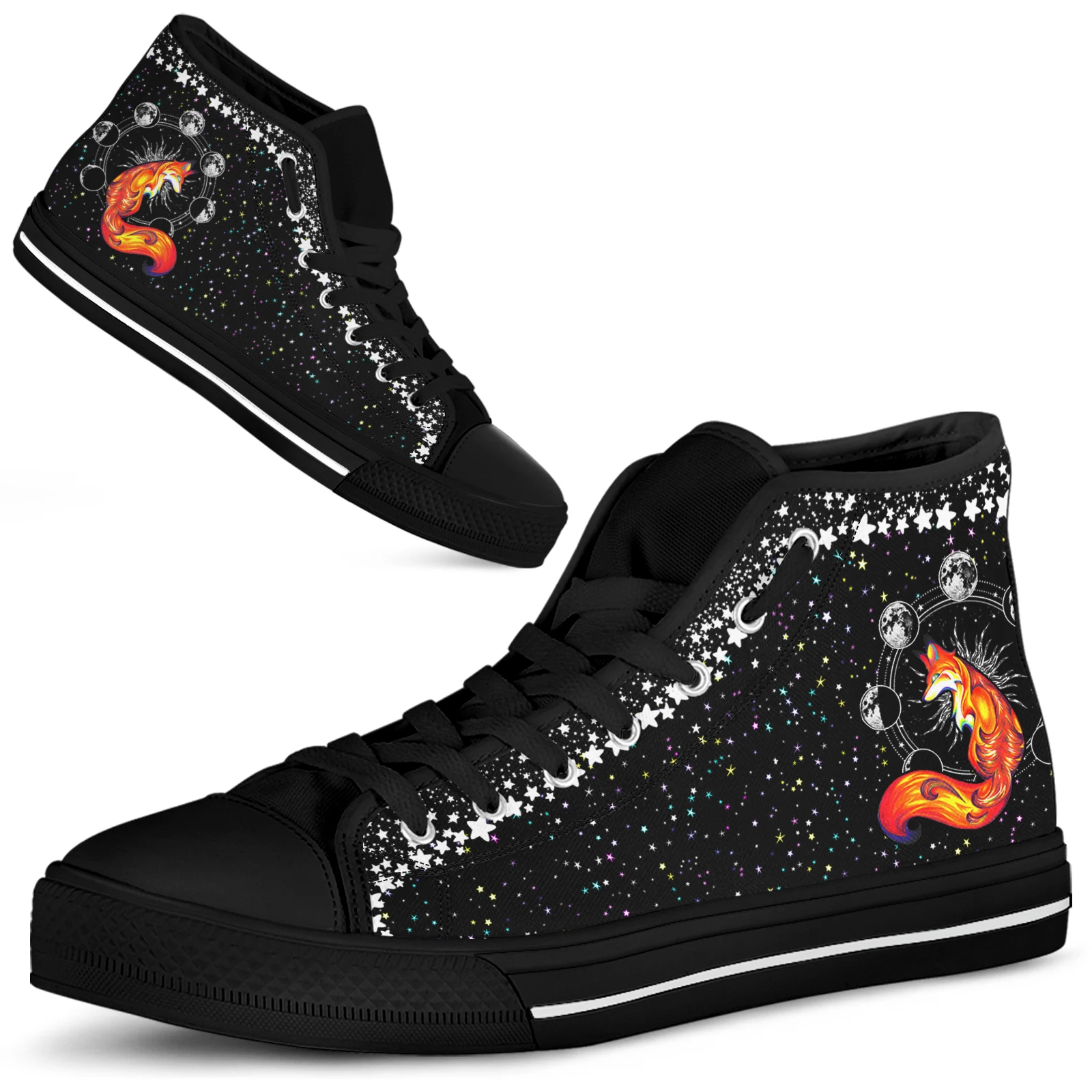 ELVISWORDS Black Canvas Sneakers Star Galaxy Cartoon Fox Designer Shoes For Girls Women's High Top Ankle Shoes Chaussures Casual