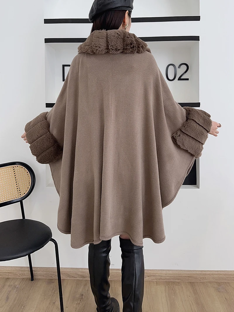 Elegant Women's Solid Color Faux Fur Windproof Warm Shawl Batwing Sleeve Open Front Coat Faux Fur Trim Outwear for Fall Winter