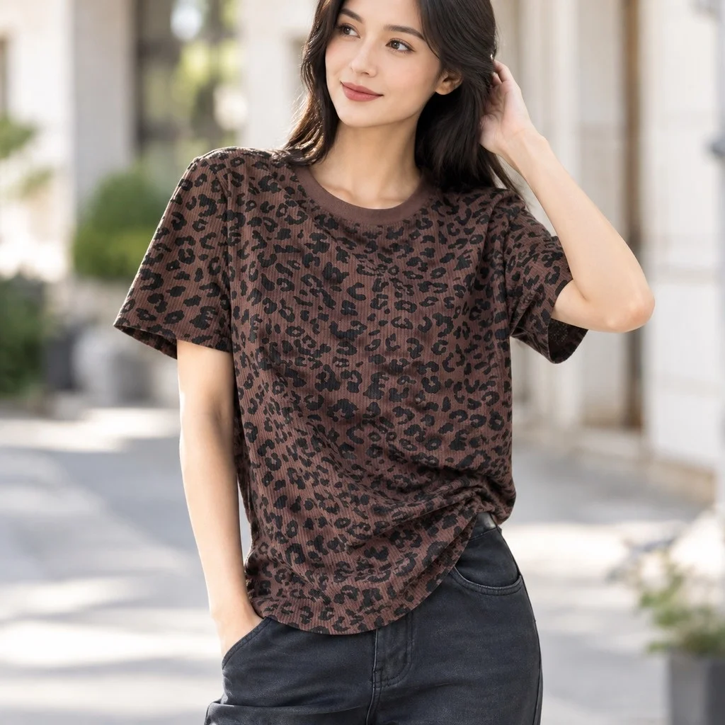 Casual Top Loose Fit with Round Neck Short Sleeve No Ironing Leopard Print Korean Japanese Pullover Daily Spring Women T Shirts