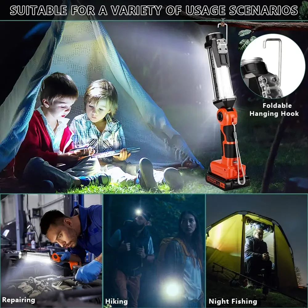 Portable Camping Light Rechargeable Battery LED Work Light Outdoor Flashlight for Black & Decker 20V Li-Ion Battery with Hook