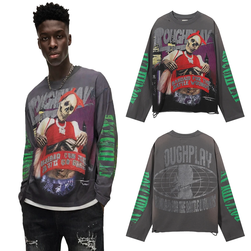 Summer Streetwear Clothing Skulls Graphic T Shirts Hip Hop Street Style Casual Cotton Distressed Ripped Printed Long Sleeve Tees