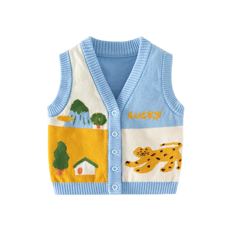 New Ins primavera autunno ragazzino Cardigan Jacquard Cartoon Patchwork neonati maschi gilet lavorato a maglia in cotone intrecciato bambino gilet