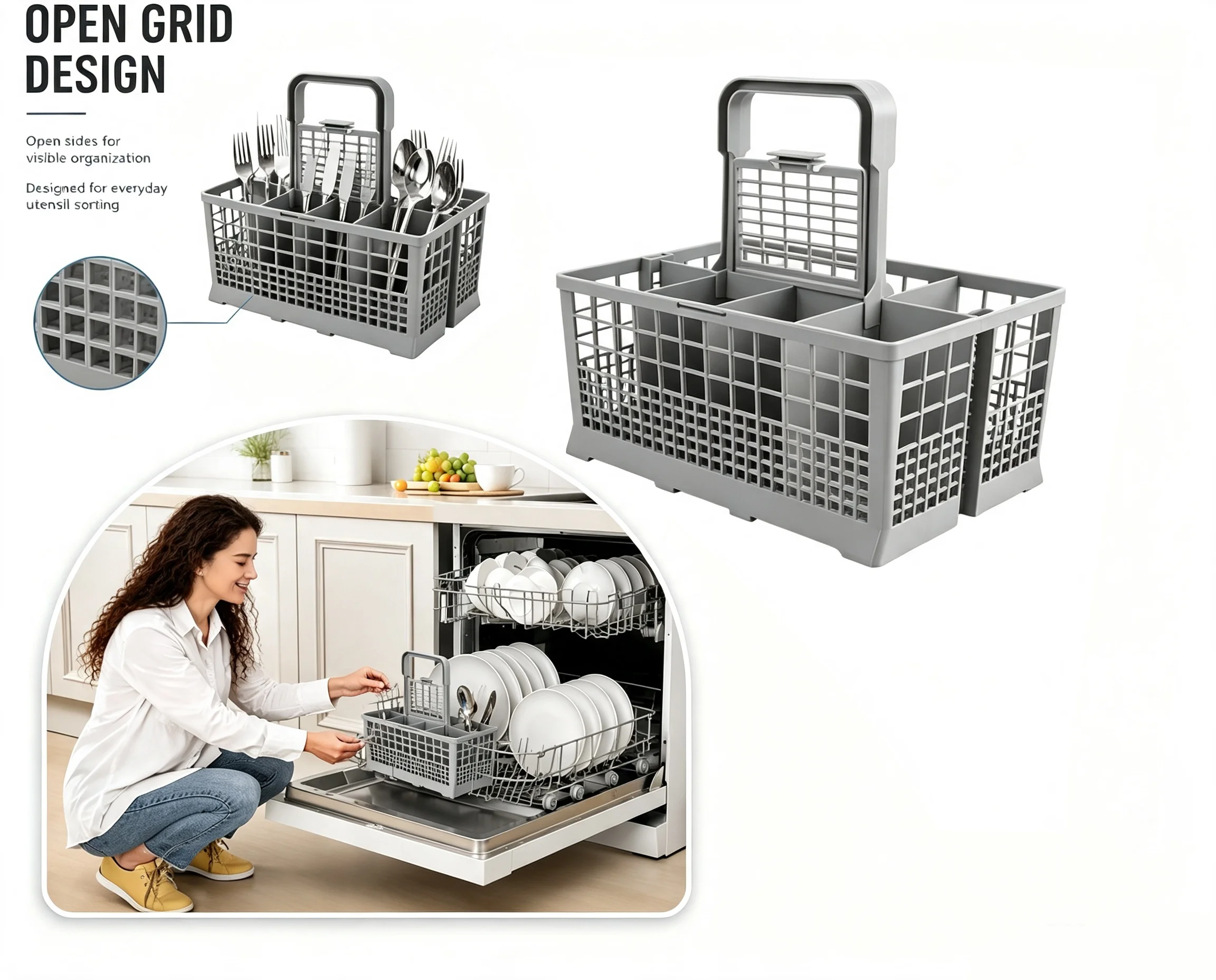 Multifunctional Dishwasher Cutlery Basket with Handle Kitchen Utensil Storage Organizer Flatware Holder
