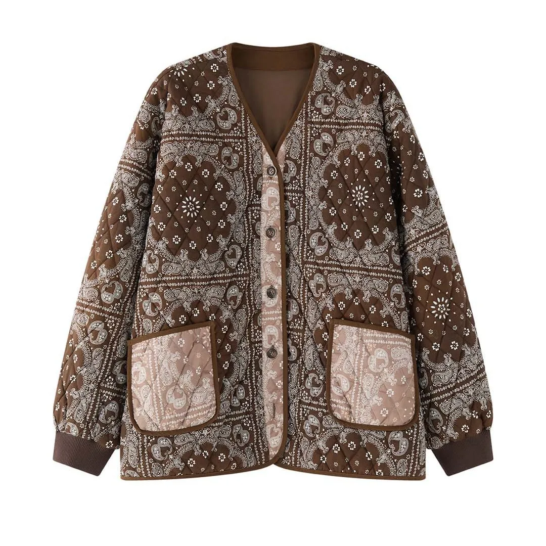 

Women Cotton Quilted Jacket Paisley Patchwork V Neck Short Coat Brown