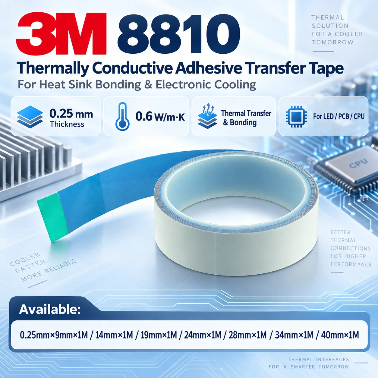 3M 8810 Wärmeleitfähiges Klebeband 0,6W/mK für Kühlkörper-Verklebung bei LED, PCB, CPU, Elektronik 0,25mm 9-40mm x 1M