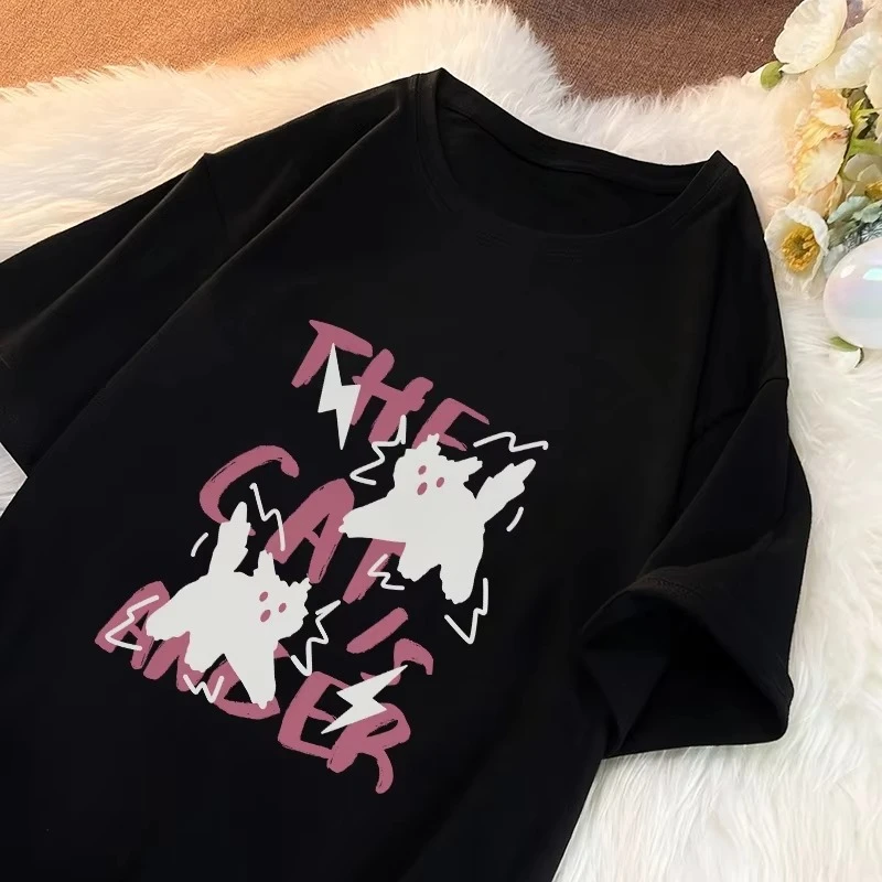 Women's Horror Cat Print T-shirt for Summer 2025 Pure Cotton Short Sleeved Casual Y2k Top Suitable for Both Men and Women