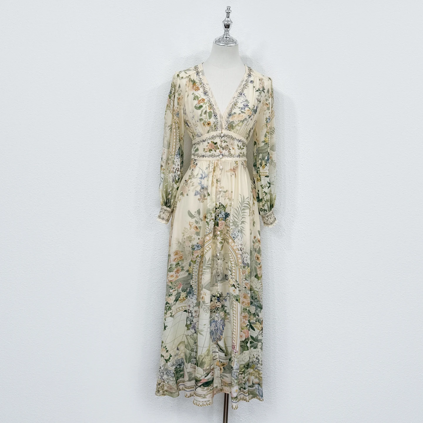 Spring Autumn Fashion Vintage Print Silk Elegant Long Dress Women's V-Neck Gorgeous Diamond Lantern Sleeve High Waist Dresses