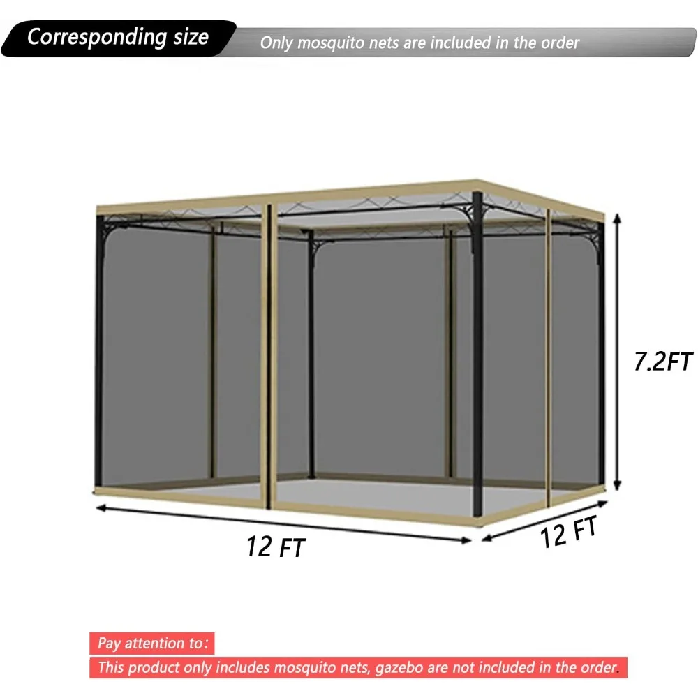 Mosquitera para toldo de Gazebo, pantalla de repuesto para paredes con anillos antideslizantes, cremallera de 4 puertas, fácil de instalar, color negro