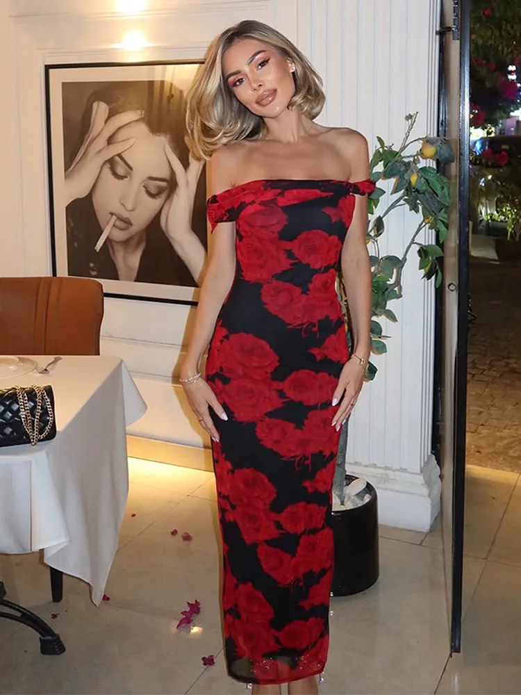 

Fashion Off Shoulder Printed Dresses Women Sexy Flower Backless Strapless Sleeveless Slim Fit Dresses 2025 Holiday Beach Robes