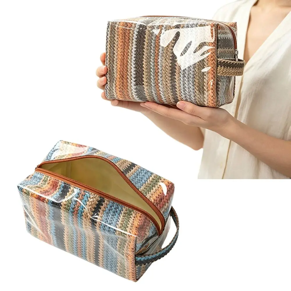 Imitation Straw Weave Pattern Portable Cosmetic Bag Waterproof Lightweight Makeup Pouch Large Capacity Multipurpose Wash Bags