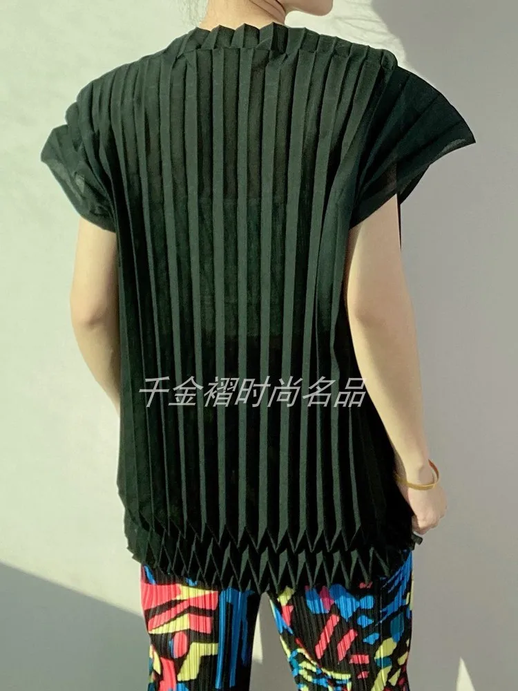 HOT SELLING  Miyake fold  fashion  short sleeve of slash neck T-shirt solid drawstring T-shirt IN STOCK