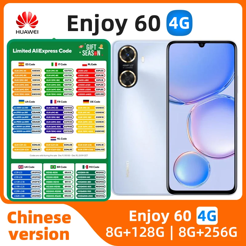 Смартфон HUAWEI Enjoy 60 HarmonyOS 6,75 дюймов TFT ЖК-дисплей с двумя SIM-картами, 6000 мАч, аккумулятор для мобильных телефонов, камера 48 МП, оригинальный б/у телефон