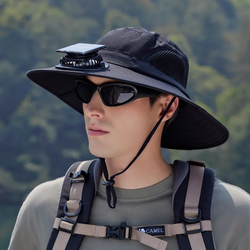 Nueva gorra de ventilador Solar de verano, sombrero de cubo de secado rápido para hombres, gorra de protección solar de pesca fresca al aire libre, sombrero de pescador de ala grande para hombre