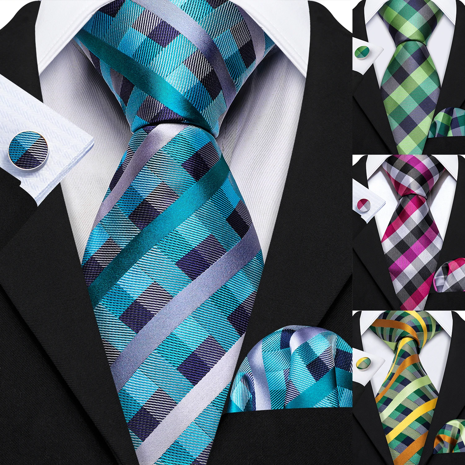 Elegant Plaid Men's Tie Set 8.5cm Wide Woven Check Necktie with Handkerchief Cufflinks Formal Suit Accessories for Wedding Party