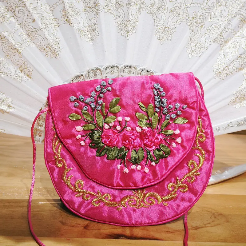 

Chinese Traditional Handmade Ribbon Embroidery Purse With Crossbody Strap Flower Needlework Glossy Wallet Rose Red OOTD Match