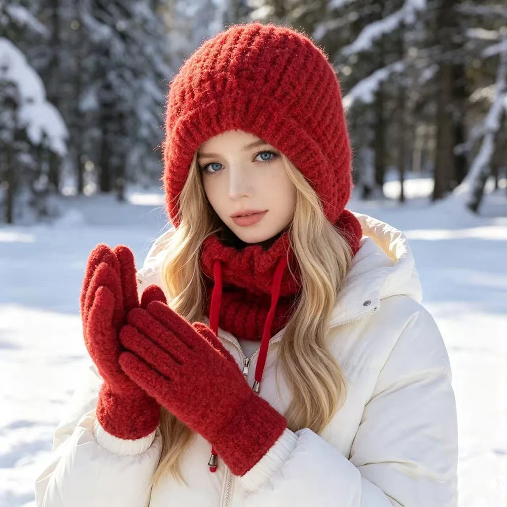 Winter Women Hat With Scarf Gloves 2 pcs Set Warm Thick Lamb Knited Hats Outdoor Ear Protection Mask Cap Pullover Ski Caps