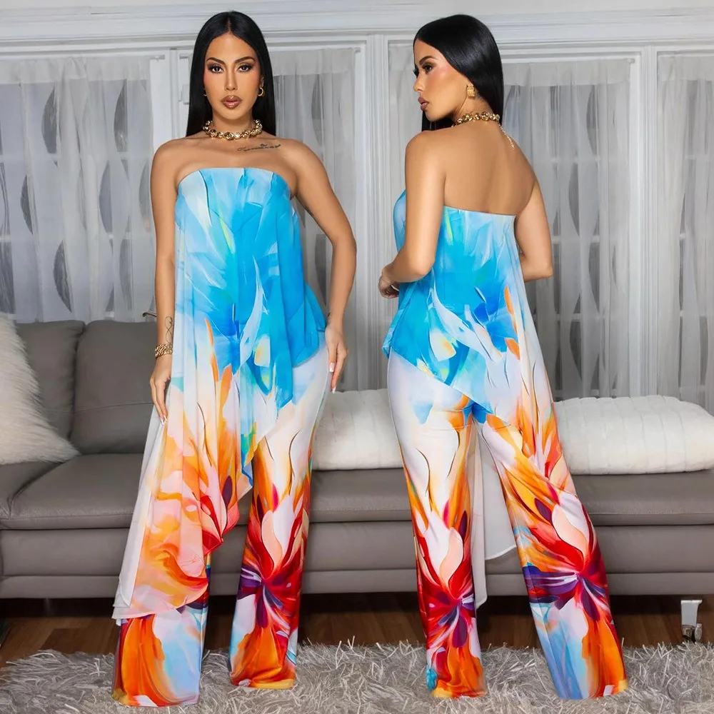 

DYKR 2025 summer 2 piece sets womens outfits Printed strapless top long pants plush splicing sexy thegivingmovement fashion traf