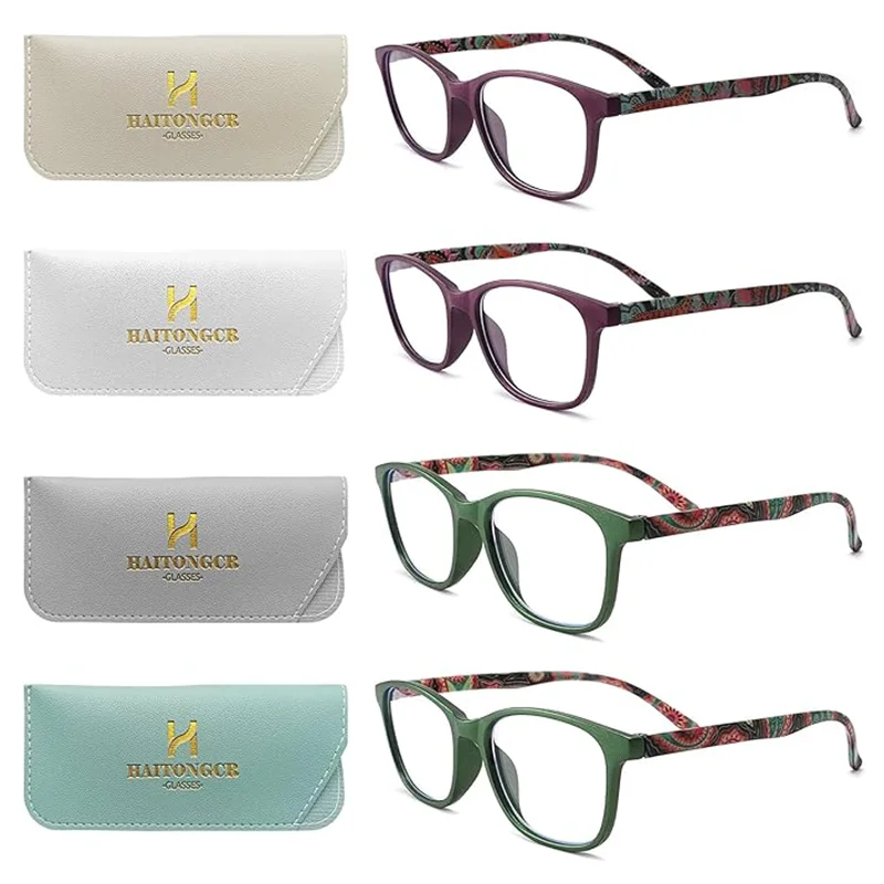 4 pairs of reading glasses rectangular green purple unisex ultra-light fashion pattern reading glasses with glasses case and clo