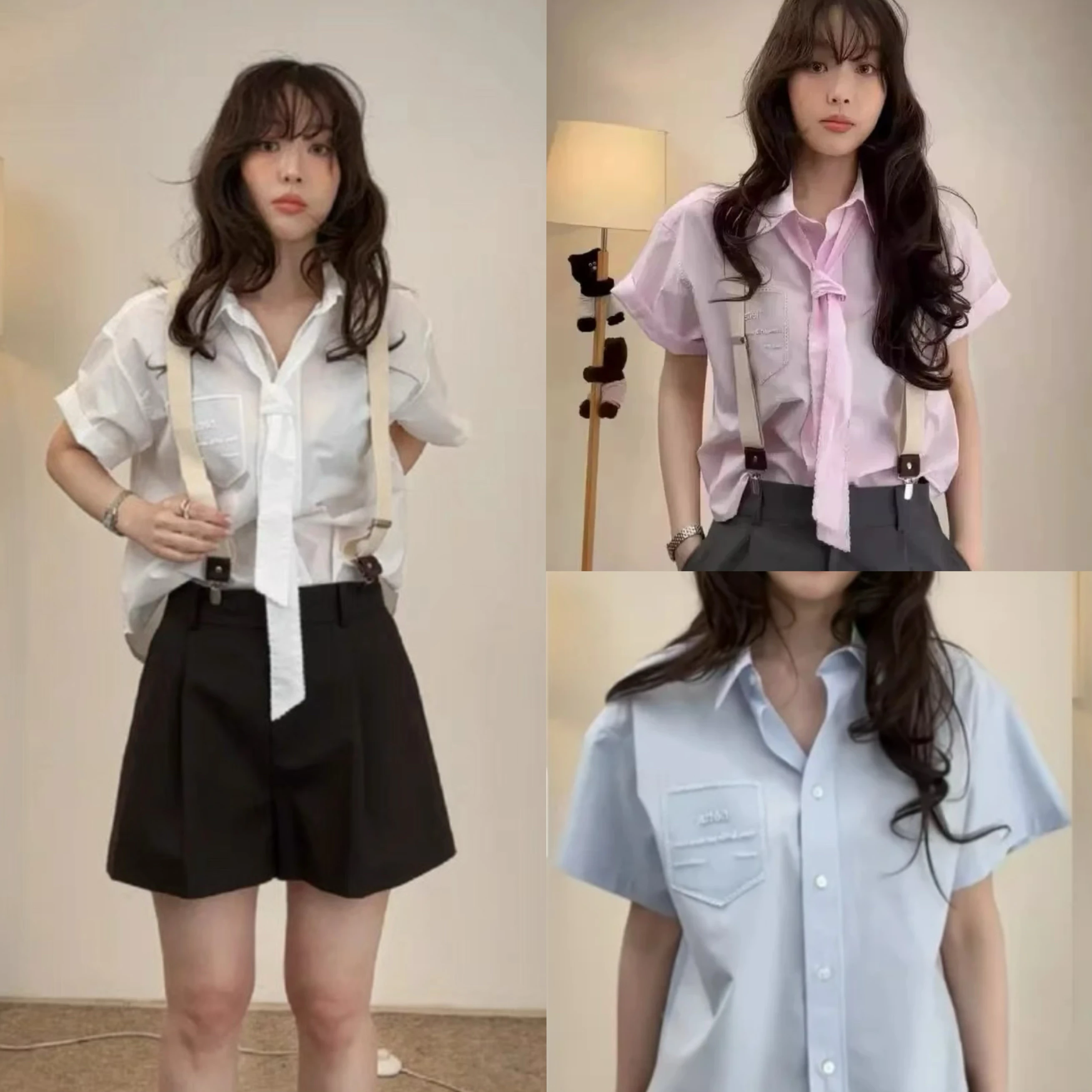 

Casual Fleta ort Sve irt with ket Embroidered Collar Tie Waist Loose Fit Regular Length Pure Color Summer 2025