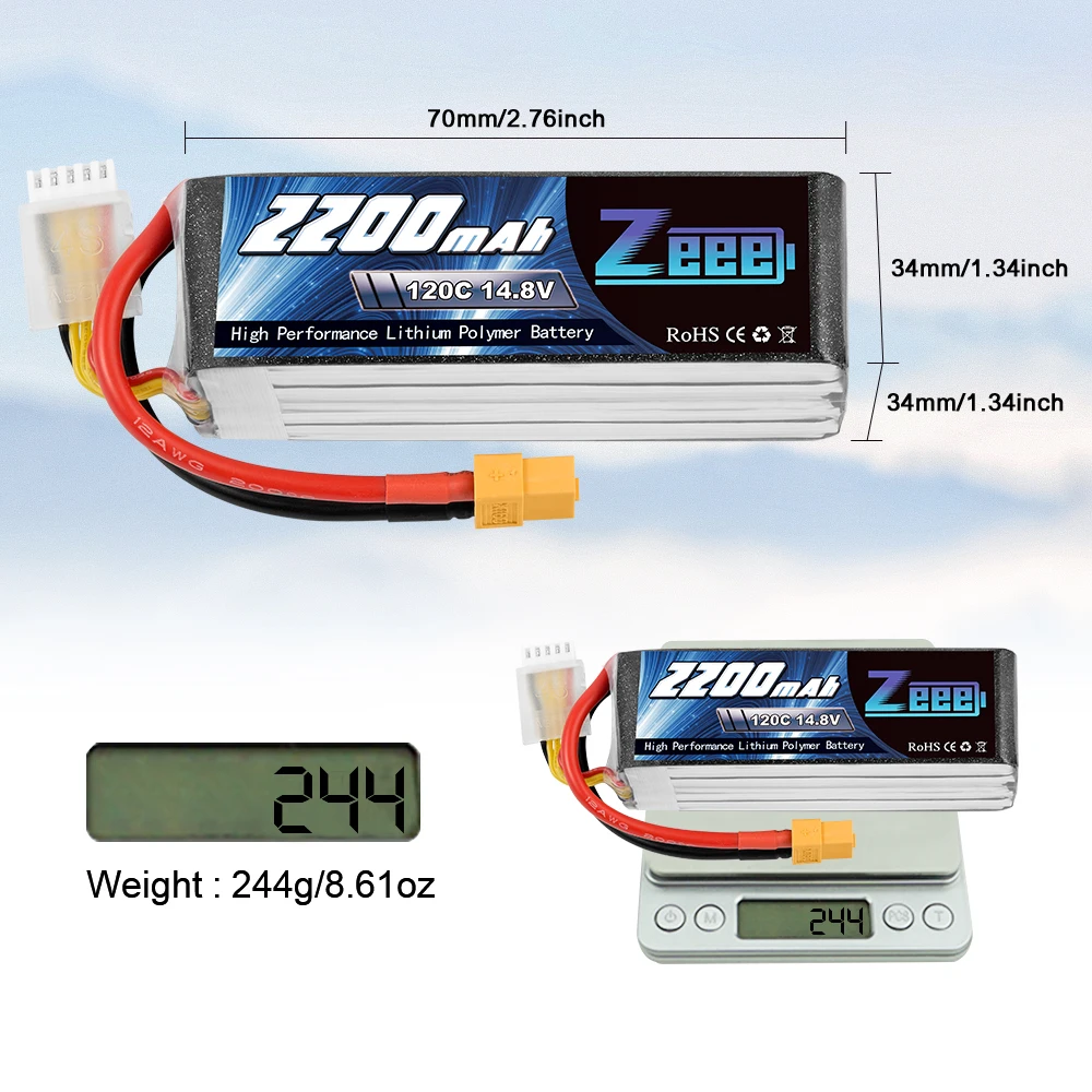 2 buah baterai LiPo 2200mAh Zeee 4S 14.8 mAh V 120C dengan colokan XT60 untuk Drone FPV mobil RC perahu grafena model pesawat helikopter RC