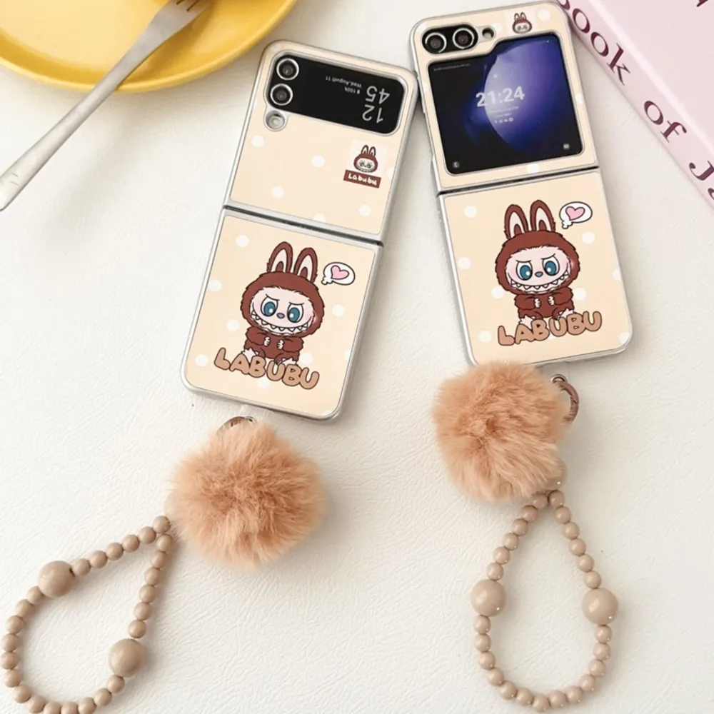 Funda de teléfono Labubu de dibujos animados a la moda para Samsung Galaxy Z Flip 4 5 6 Flip6 Zflip5 ZFlip4 pulsera cubierta chapada delgada