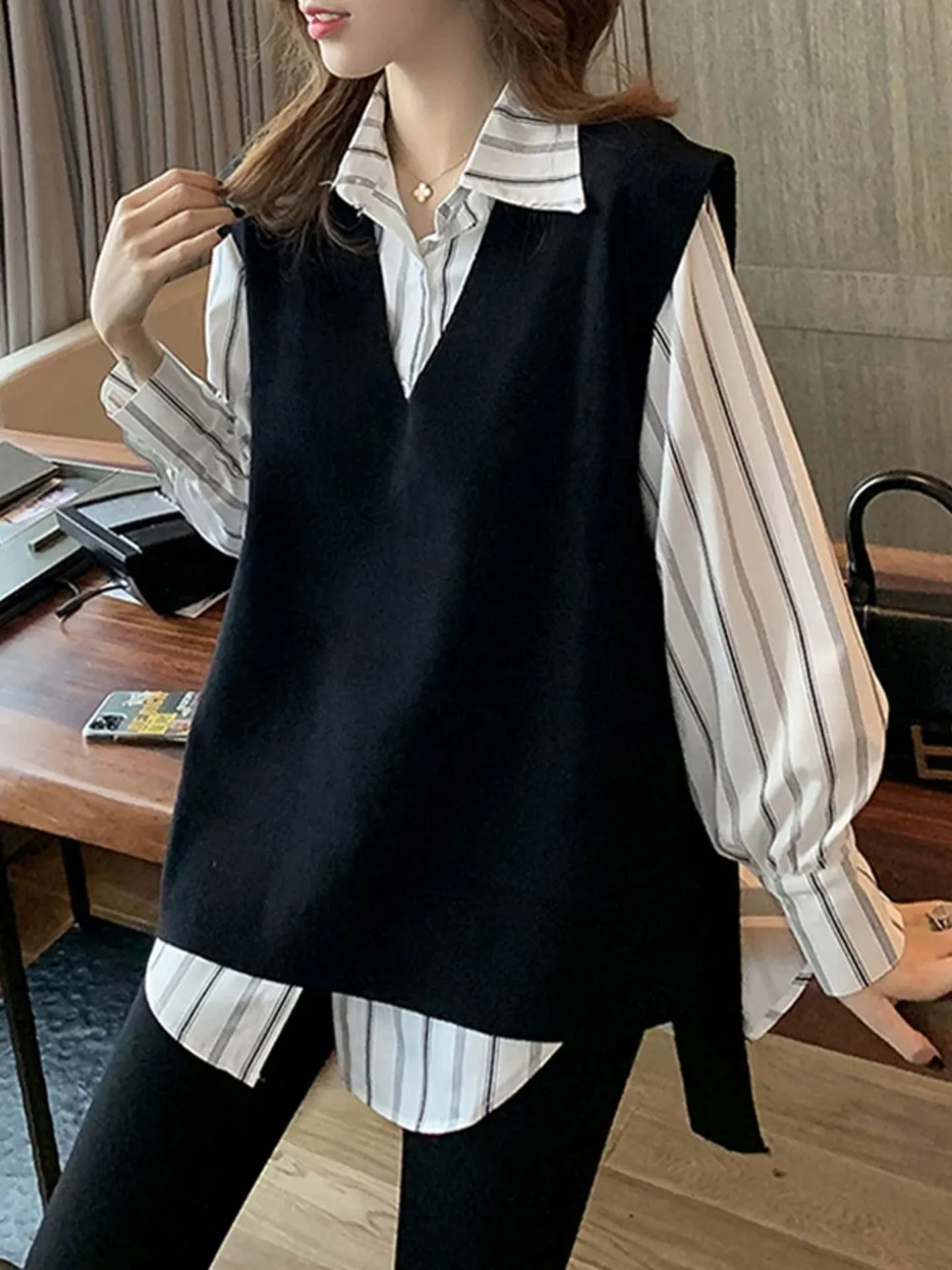 Casual Stripe Long Sleeve Knitted Shirt And Vest Set for Women Loose Fit Comfortable Leisure Style Two Piece Sportswear Ensemble
