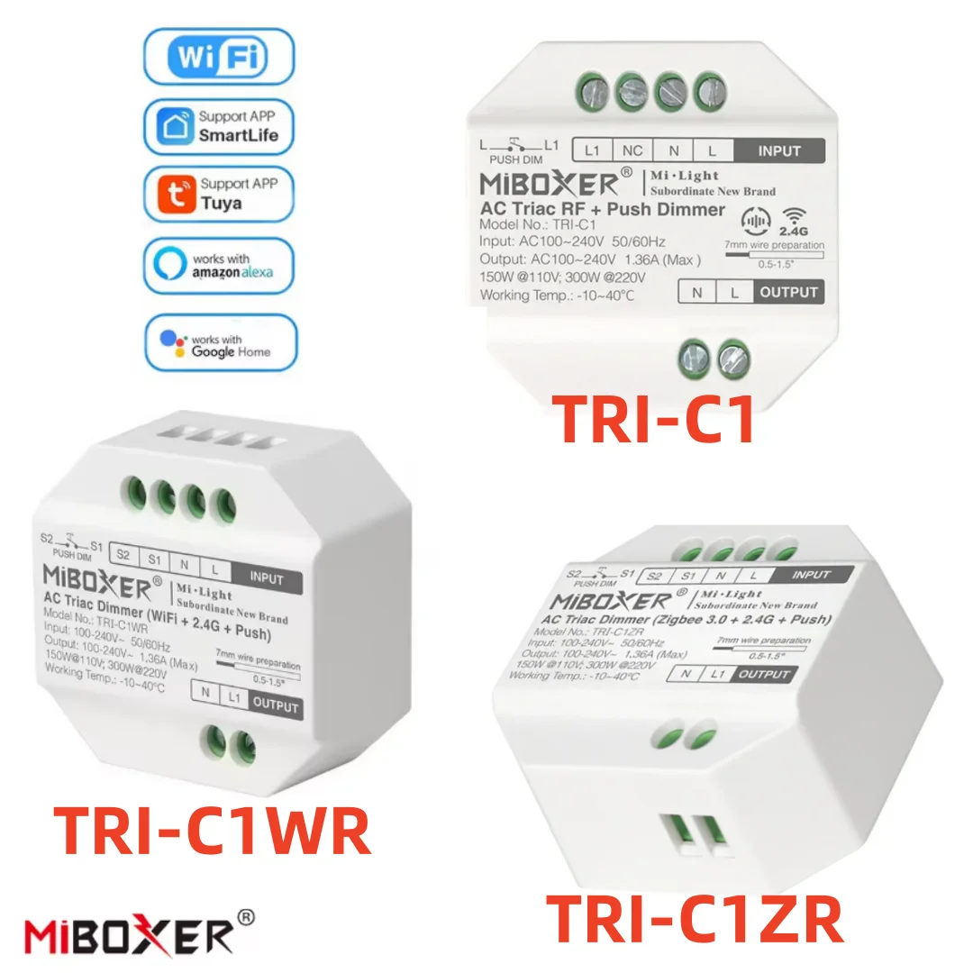 MiBoxer TRI-C1/ TRI-C1WR/ TRI-C1ZR AC Triac Dimmer RF Push Dimmer 110-240V App /Voice /Remote Control for LED Bulb Lights