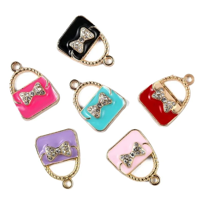 60 Pieces 6 Colors Enamel Bow Tote Charm Crystal Rhinestone LightGold Small Tote Charm for Jewelry