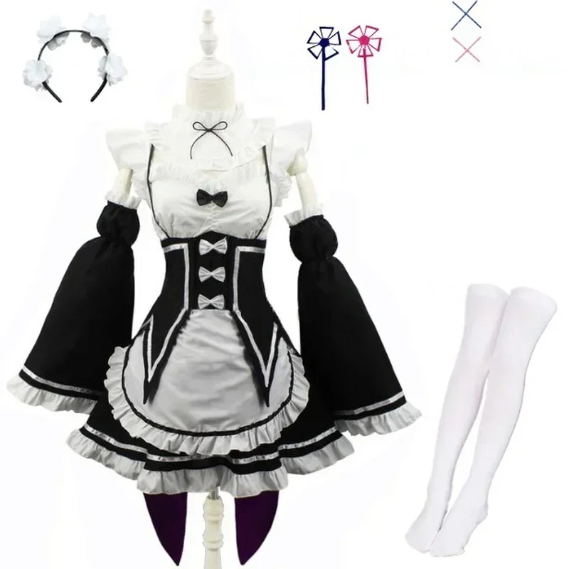 N66anime Ram/REM Lolita pokojówka kostiumy cosplay sukienka re: zero Kara hajimeru isekai Seikai kostiumy na Halloween dla kobiet loli2w $%