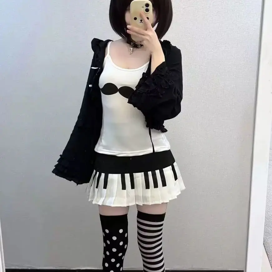Y2K Harajuku Piano Key Skirt Women Black White Contrast Pleated Mini Skirt Empire Waist Slim Short Skirt Streetwear