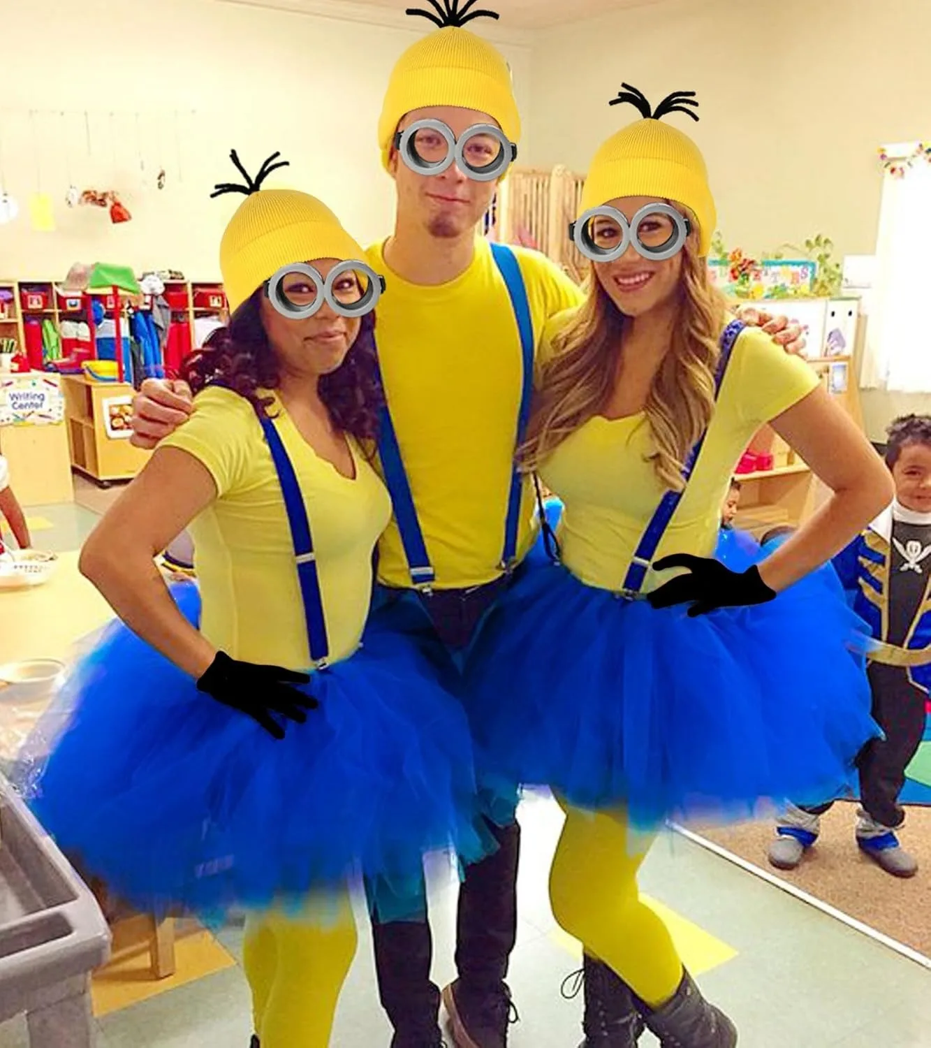 Kostium na Halloween dla dorosłych kobiet, gogle/żółta czapka/niebieska sukienka/szelki/rękawiczki, akcesoria do kostiumu na Halloween