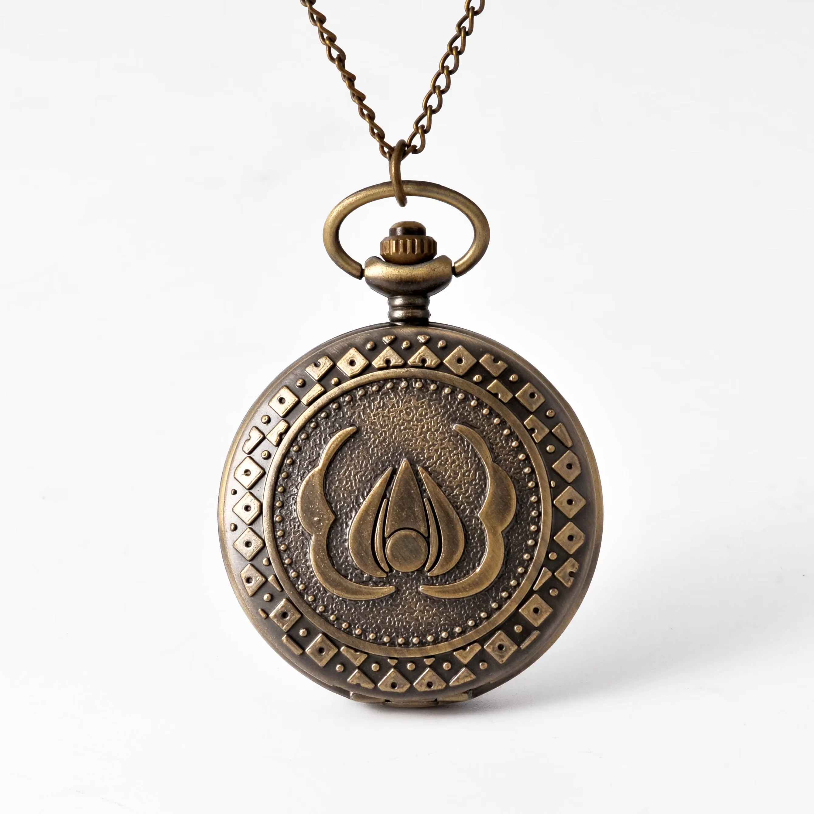 Trend retro creative embossed sparkle bronze open cover quartz pocket watch with necklace