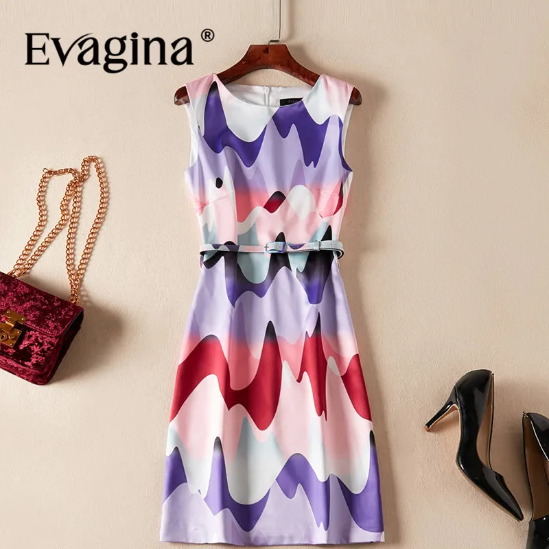 

Evagina New Fashion Runway Designer Dress Women's Sleeveless Printing Lace-UP High Street S-XXL A-Line Mini Dresses