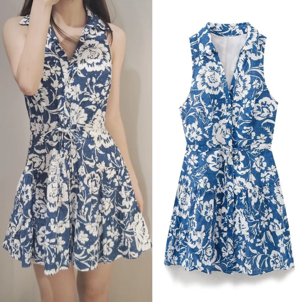 

ETJ 2025 new TRAF women's fashion and vacation style sleeveless dress with cutout details, embroidered prints and lapel