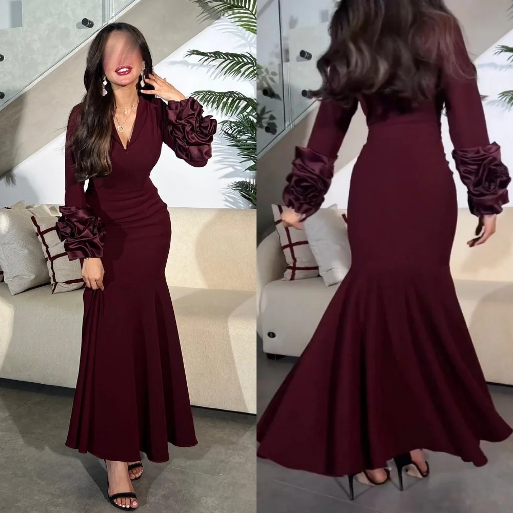 

Jiayigong Jersey Flower Ruched Trumpet V-neck Bespoke Occasion Gown Long Sleeve Dresses Saudi Arabia