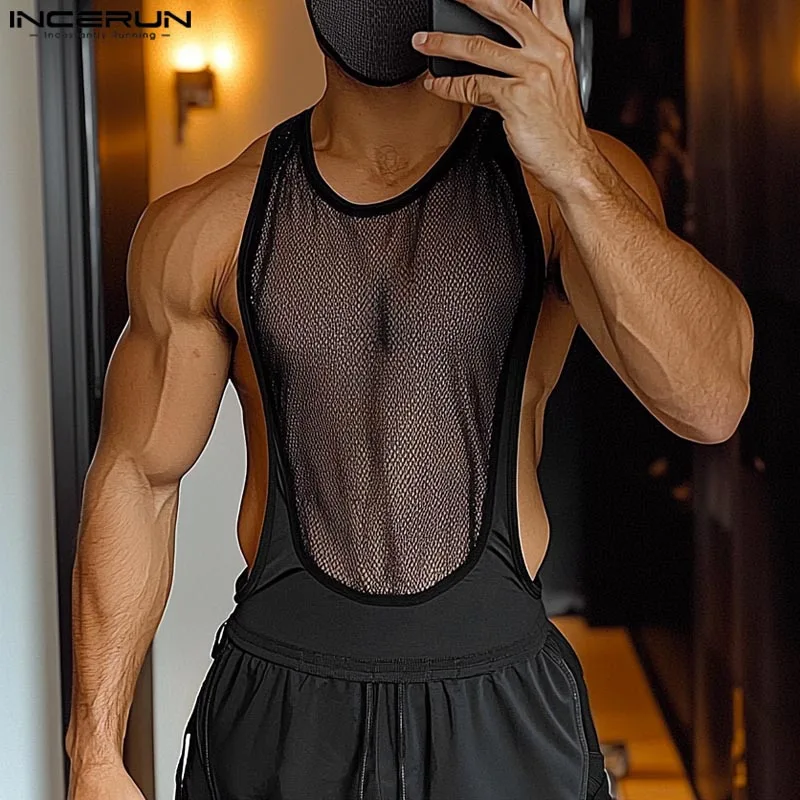 INCERUN Mesh Splicing Tanks O-Neck Solid Color Simple Vests 2025 Sleeveless Loose Tank Tops Summer Handsome Soprt Style Tanks