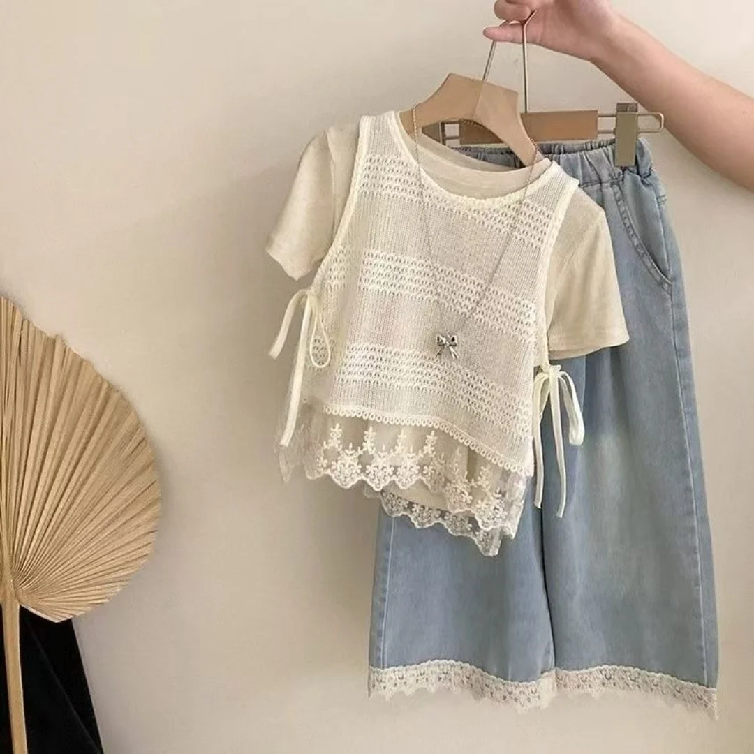 Girls' 2026 Summer New Hollow Lace Vest Solid Color Short Sleeved Lace Casual Jeans Three Piece Set
