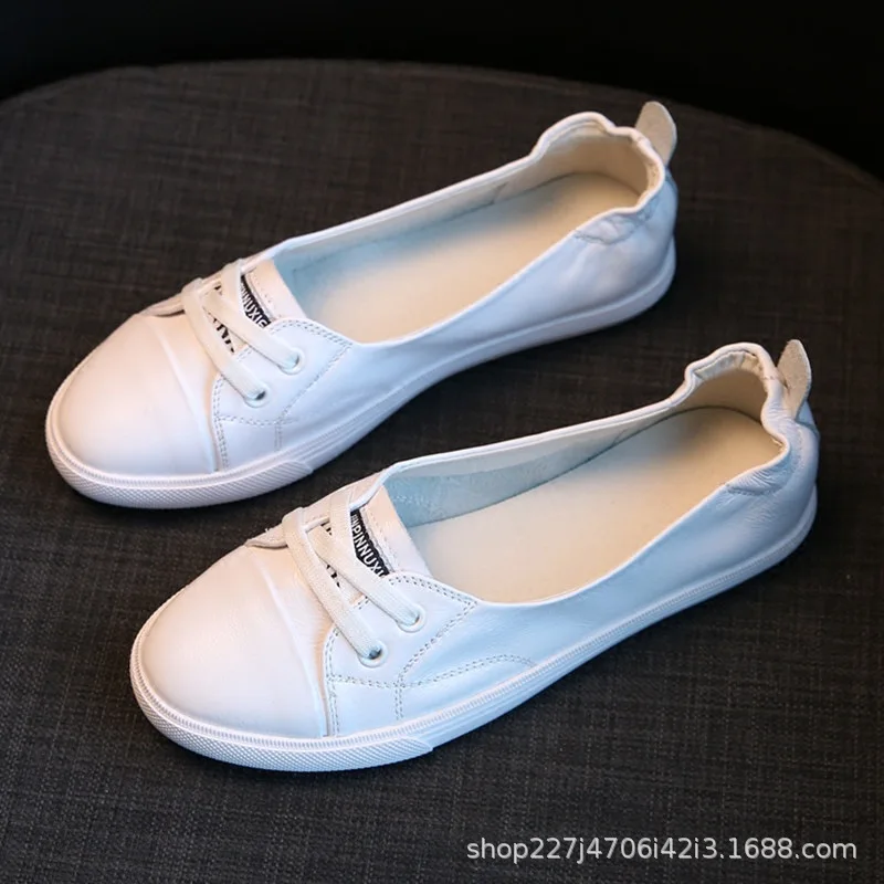 

2026 Leather White Sneakers Women Shallow Mouth Flat Causal Tourist Driving Students Shoes Comfortable Breathable Wear-resistant