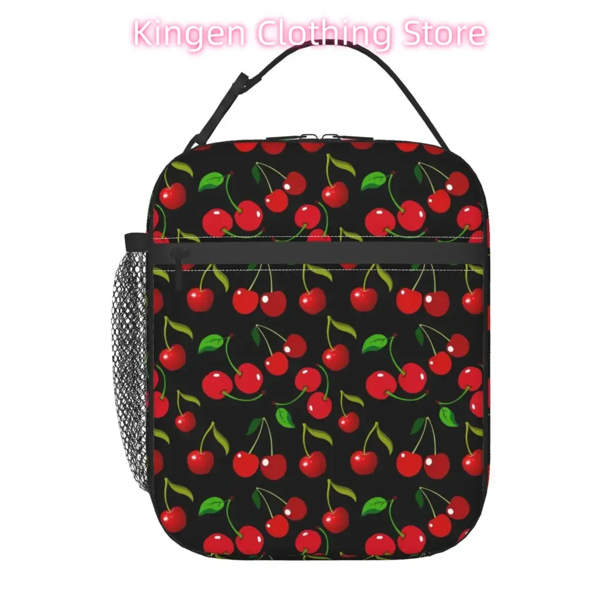 Red Cherries Print Lunch Bag Green Leaves Outdoor Picnic Lunch Box For Men Graphic Design Tote Food Bags Portable Cooler Bag