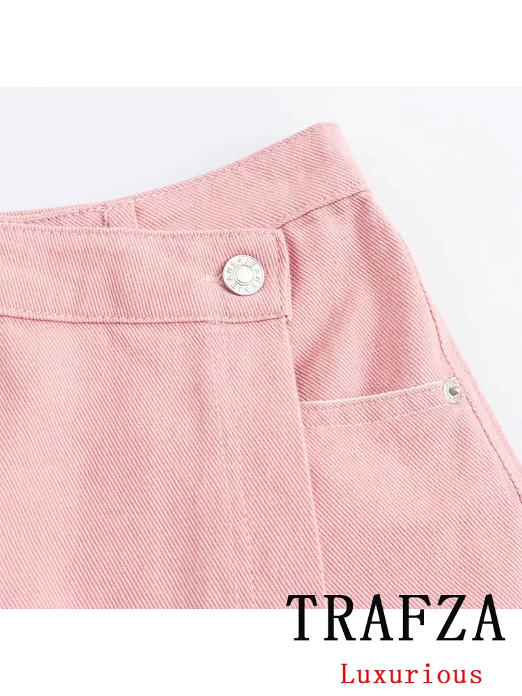 TRAFZA Vintage Casual Pink Denim Chic Women Suit V Neck Loose Jackets Loose Straight Buttons Shorts New Fashion 2024 Summer Sets