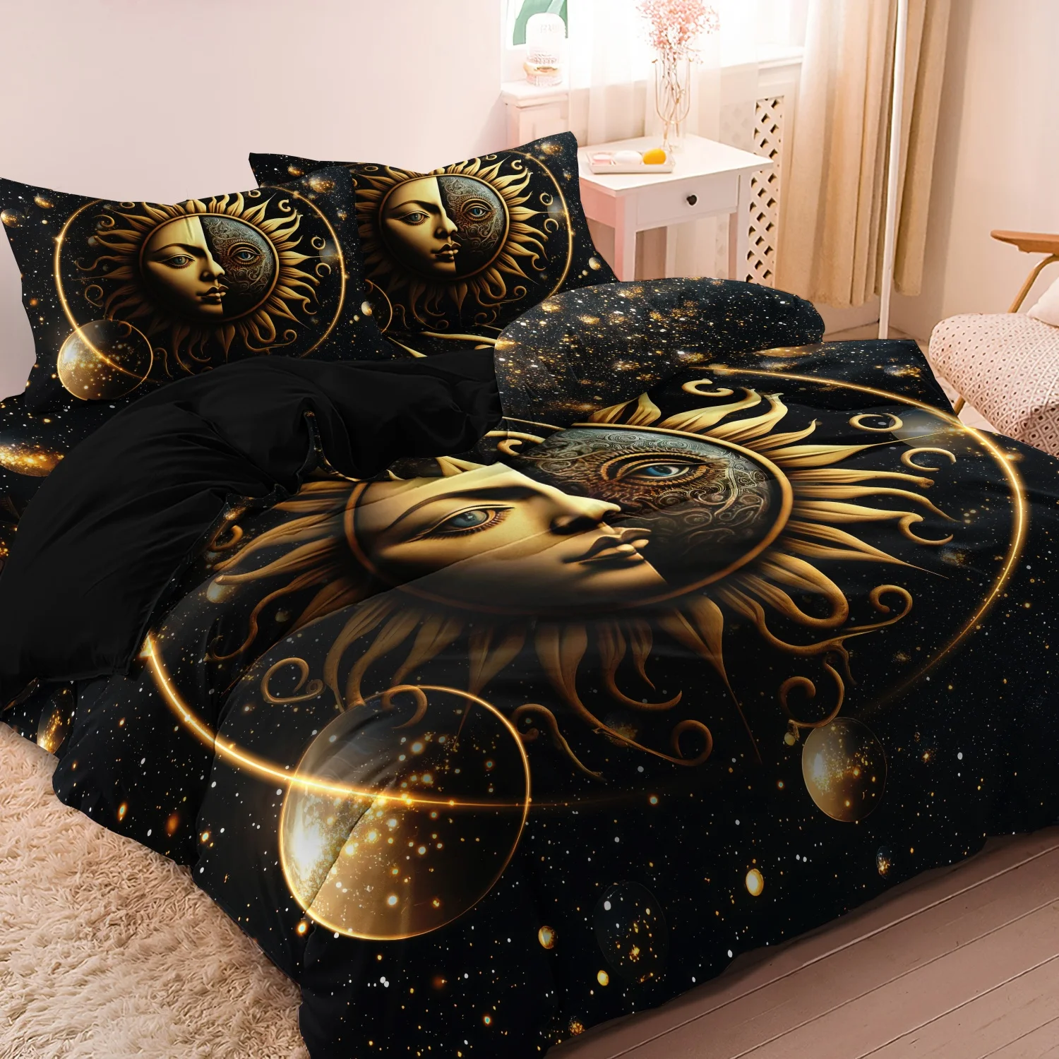 3Pcs Cosmic Galaxy Sun Moon Face Print Duvet Cover Bedding Set, Black Star Sky Golden Planet Celestial Astrology Pattern Bedding